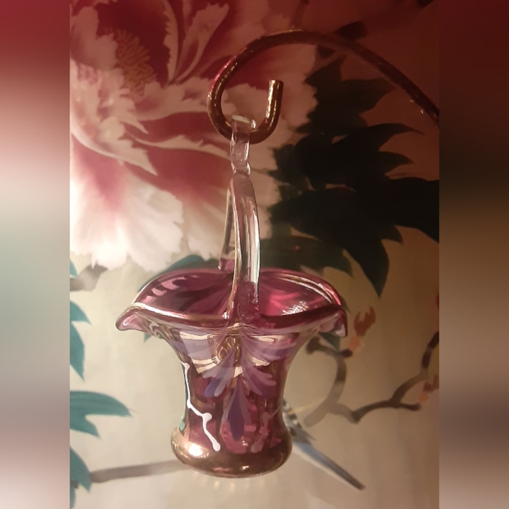 Vintage MATT MCGHEE Blown Glass Hanging Basket Handpainted Gilded c1970